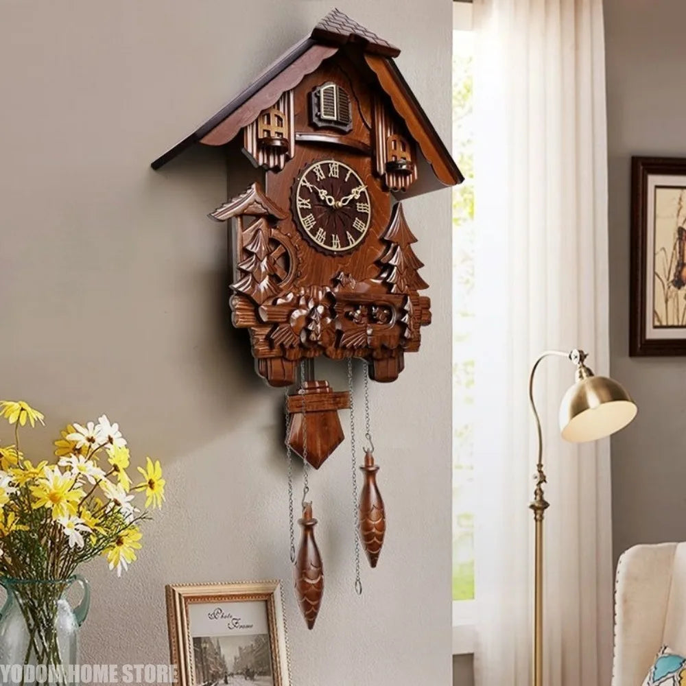 Coucou Horloge Murale Bois Massif Carillon Nuit Silencieuse