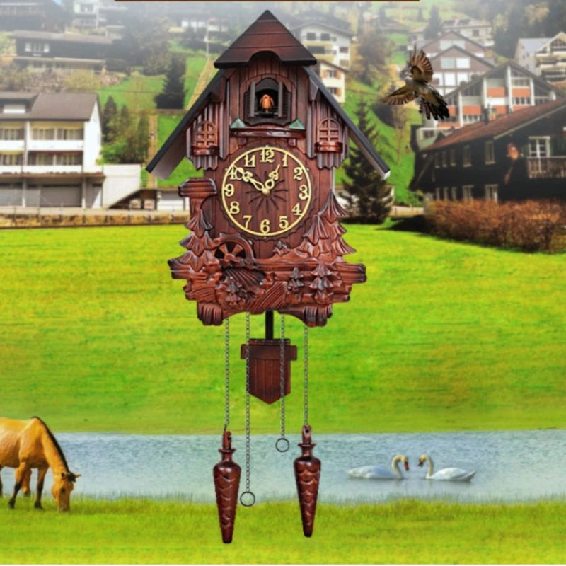 Coucou Horloge Murale Bois Massif Sculpté Pendule Musicale.